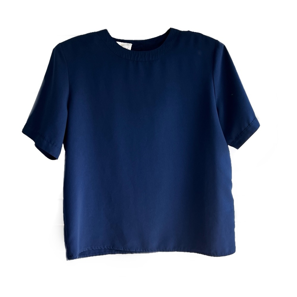 Dark Blue Short Sleeve Blouse Back Button Closure, Office Business Casual, Sz LP